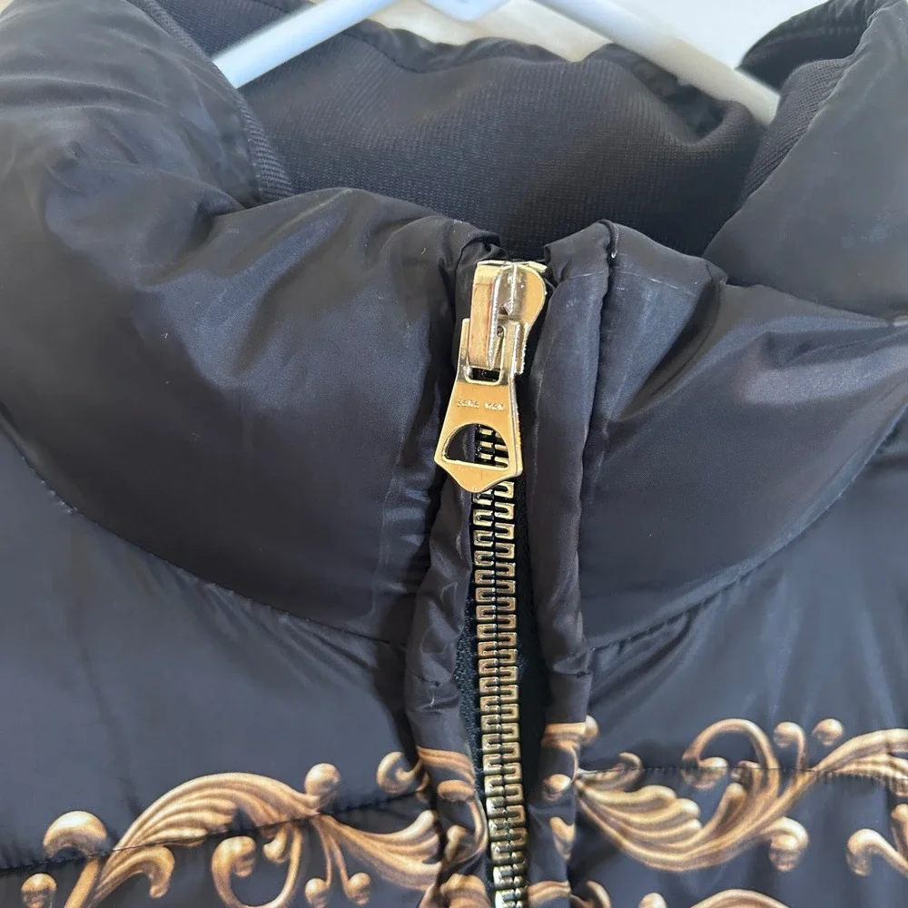Zara Puffer Jacket Men's Large Black Gold Baroque Print Coat